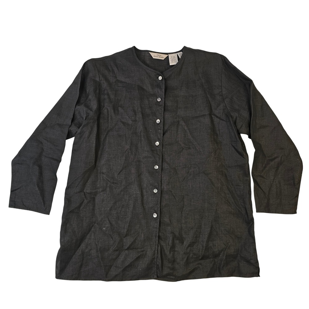 AKA Eddie Bauer Womens Petite Medium 100% Linen Button Up Shirt Charcoal Gray